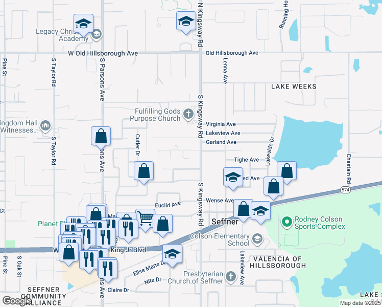 map of restaurants, bars, coffee shops, grocery stores, and more near 907 South Kingsway Road in Seffner