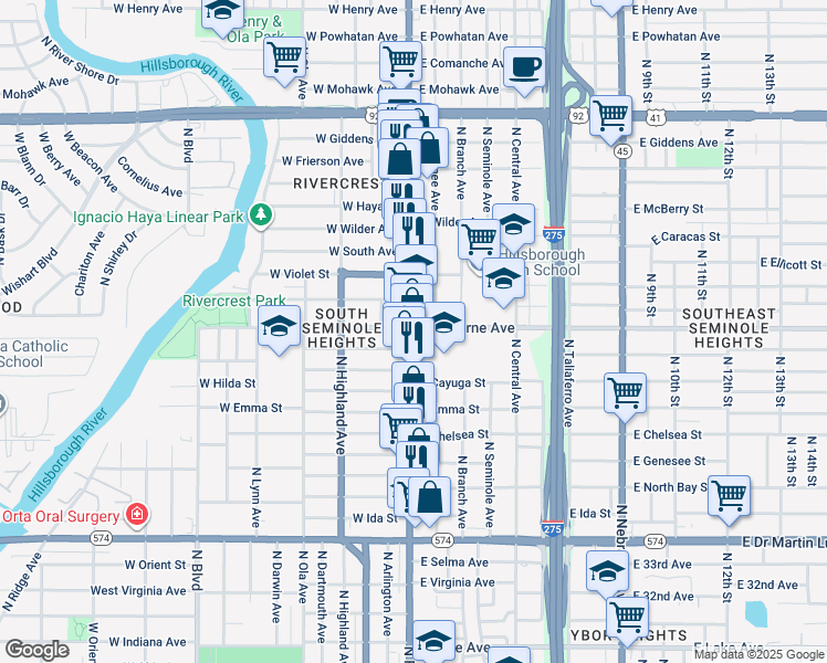 map of restaurants, bars, coffee shops, grocery stores, and more near 4710 North Florida Avenue in Tampa