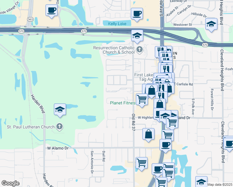 map of restaurants, bars, coffee shops, grocery stores, and more near 499 Garden Drive North in Lakeland