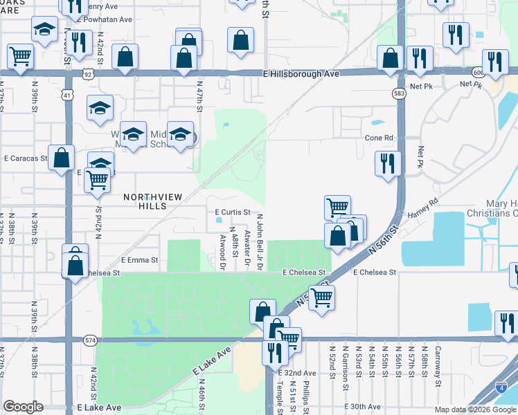 map of restaurants, bars, coffee shops, grocery stores, and more near 4816 East Curtis Street in Tampa