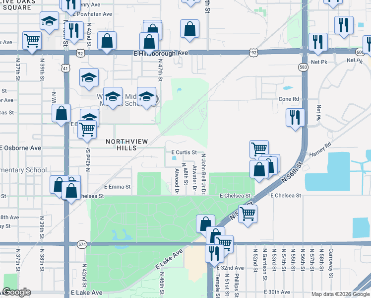 map of restaurants, bars, coffee shops, grocery stores, and more near 4716 East Curtis Street in Tampa