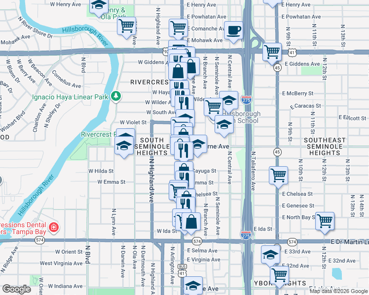 map of restaurants, bars, coffee shops, grocery stores, and more near 4710 North Florida Avenue in Tampa