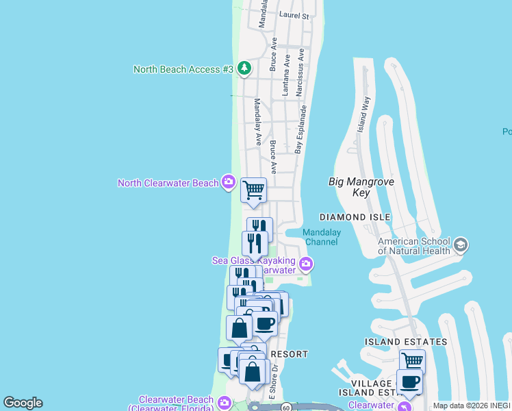 map of restaurants, bars, coffee shops, grocery stores, and more near 24 Cambria Street in Clearwater