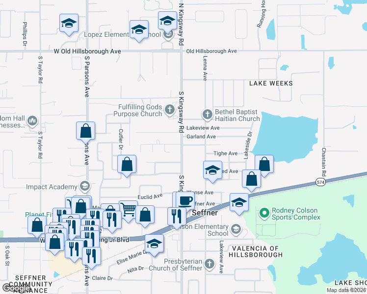 map of restaurants, bars, coffee shops, grocery stores, and more near 907 South Kingsway Road in Seffner