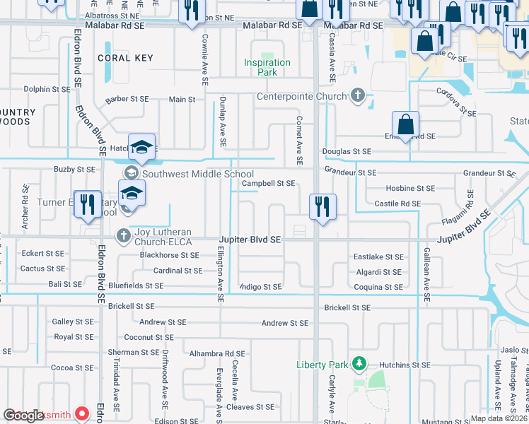 map of restaurants, bars, coffee shops, grocery stores, and more near 467 Kodiac Avenue Southeast in Palm Bay