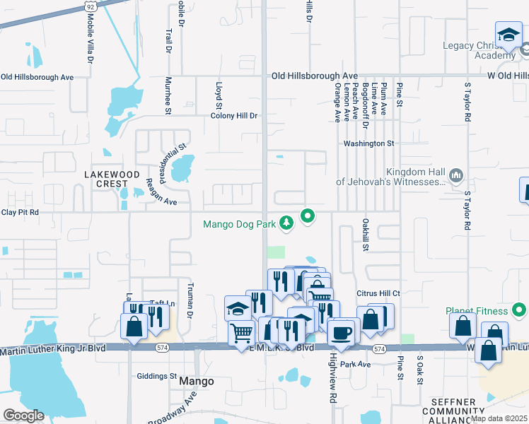 map of restaurants, bars, coffee shops, grocery stores, and more near County Rd 579 & Clay Pit Rd in Seffner