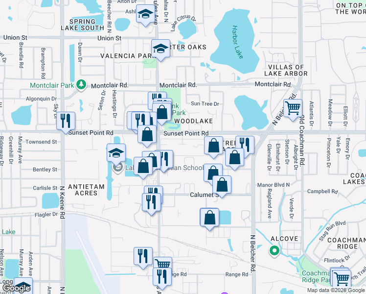 map of restaurants, bars, coffee shops, grocery stores, and more near 2095 Sunset Point Road in Clearwater