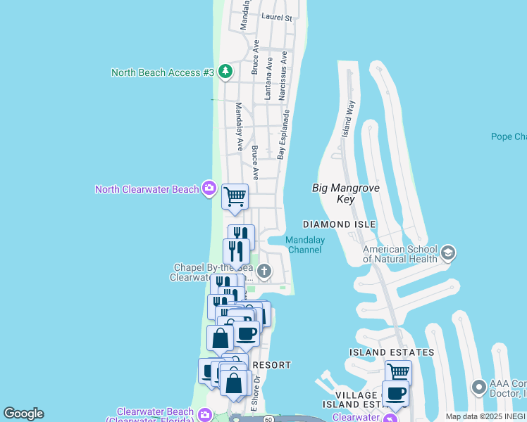 map of restaurants, bars, coffee shops, grocery stores, and more near 665 Poinsettia Avenue in Clearwater