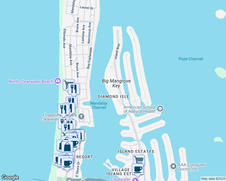 map of restaurants, bars, coffee shops, grocery stores, and more near 660 Island Way in Clearwater