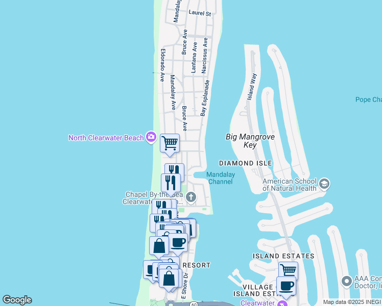 map of restaurants, bars, coffee shops, grocery stores, and more near 665 Poinsettia Avenue in Clearwater