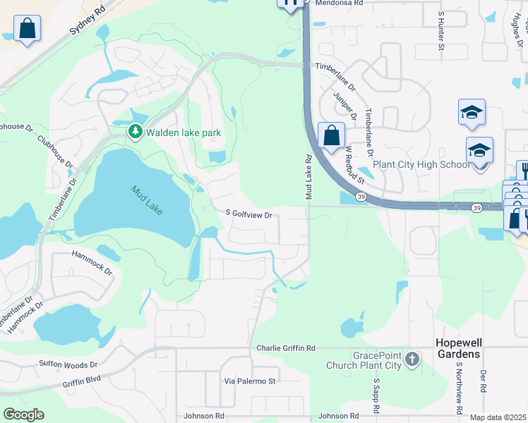 map of restaurants, bars, coffee shops, grocery stores, and more near 1700 South Golfview Drive in Plant City