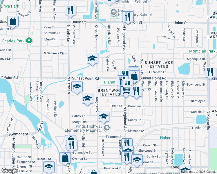 map of restaurants, bars, coffee shops, grocery stores, and more near 1438 Thames Lane in Clearwater
