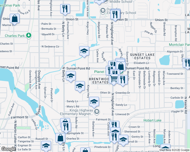map of restaurants, bars, coffee shops, grocery stores, and more near 1841 Barbara Lane in Clearwater