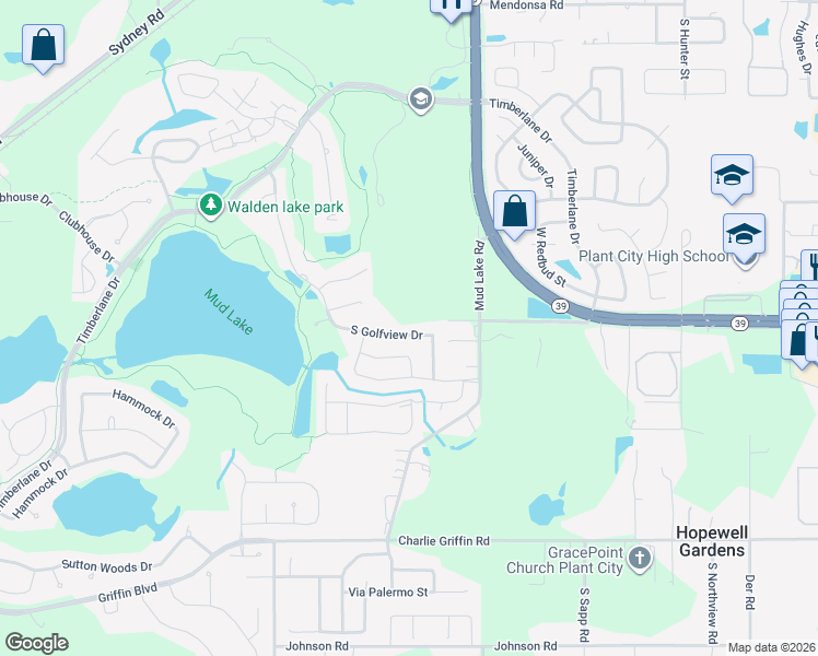 map of restaurants, bars, coffee shops, grocery stores, and more near 1609 South Golfview Drive in Plant City