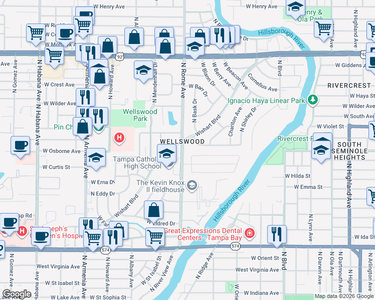 map of restaurants, bars, coffee shops, grocery stores, and more near 4705 North Rome Avenue in Tampa