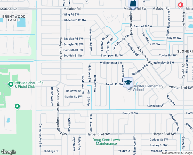 map of restaurants, bars, coffee shops, grocery stores, and more near 482 Birch Avenue Southwest in Palm Bay