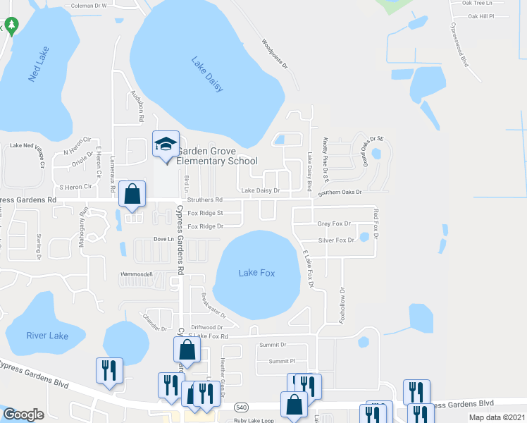 map of restaurants, bars, coffee shops, grocery stores, and more near 5630 Struthers Court in Winter Haven