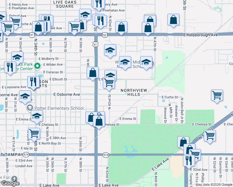 map of restaurants, bars, coffee shops, grocery stores, and more near 4210 East Curtis Street in Tampa