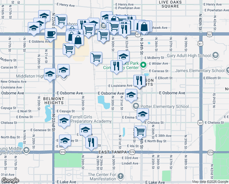 map of restaurants, bars, coffee shops, grocery stores, and more near 3001 East Osborne Avenue in Tampa