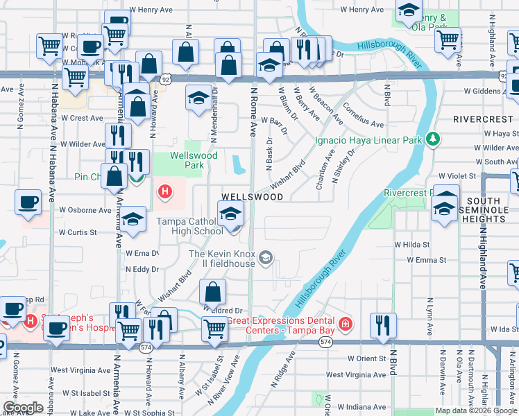 map of restaurants, bars, coffee shops, grocery stores, and more near 4705 North Rome Avenue in Tampa