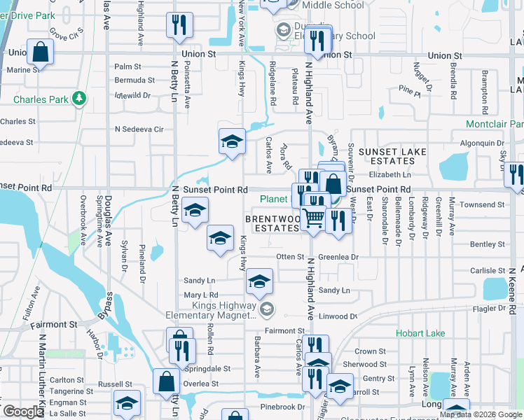 map of restaurants, bars, coffee shops, grocery stores, and more near 1841 Barbara Lane in Clearwater