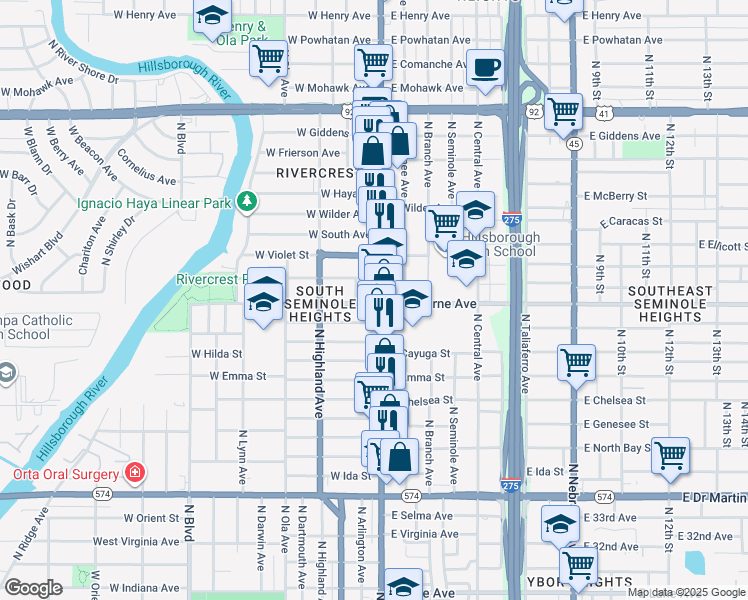 map of restaurants, bars, coffee shops, grocery stores, and more near 4710 North Florida Avenue in Tampa