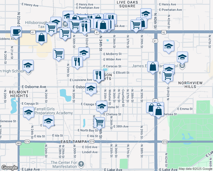 map of restaurants, bars, coffee shops, grocery stores, and more near 3405 East Osborne Avenue in Tampa