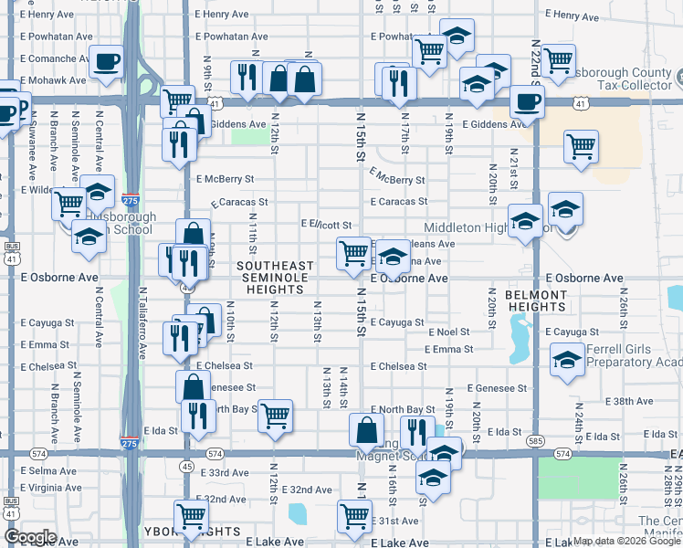 map of restaurants, bars, coffee shops, grocery stores, and more near 1314 East Osborne Avenue in Tampa