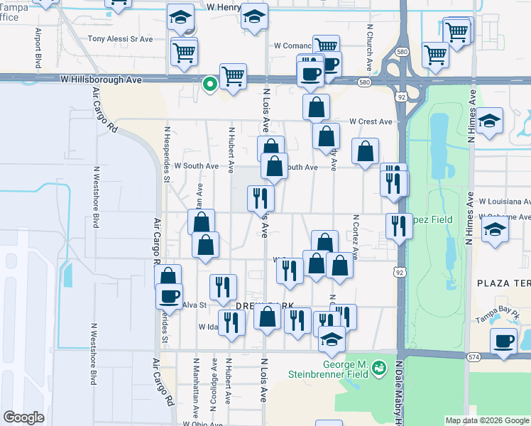 map of restaurants, bars, coffee shops, grocery stores, and more near N Lois Ave in Tampa