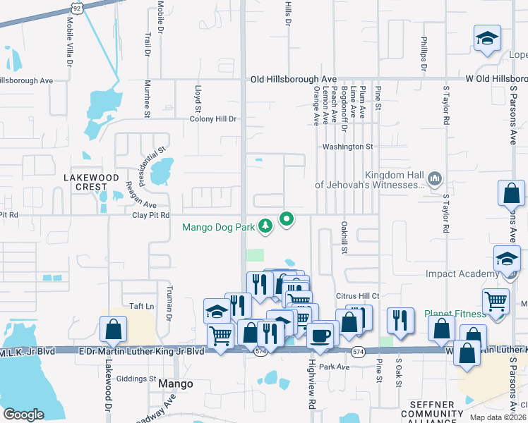 map of restaurants, bars, coffee shops, grocery stores, and more near 11757 Mango Cross Court in Seffner