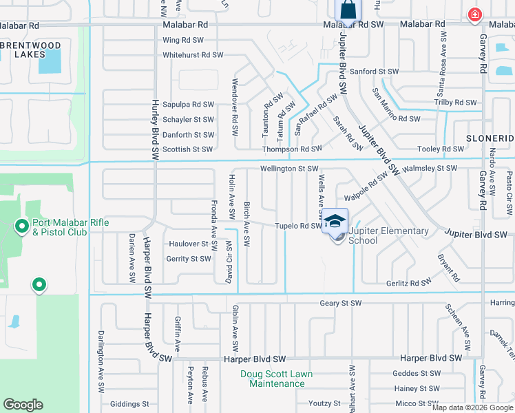 map of restaurants, bars, coffee shops, grocery stores, and more near 482 Birch Avenue Southwest in Palm Bay