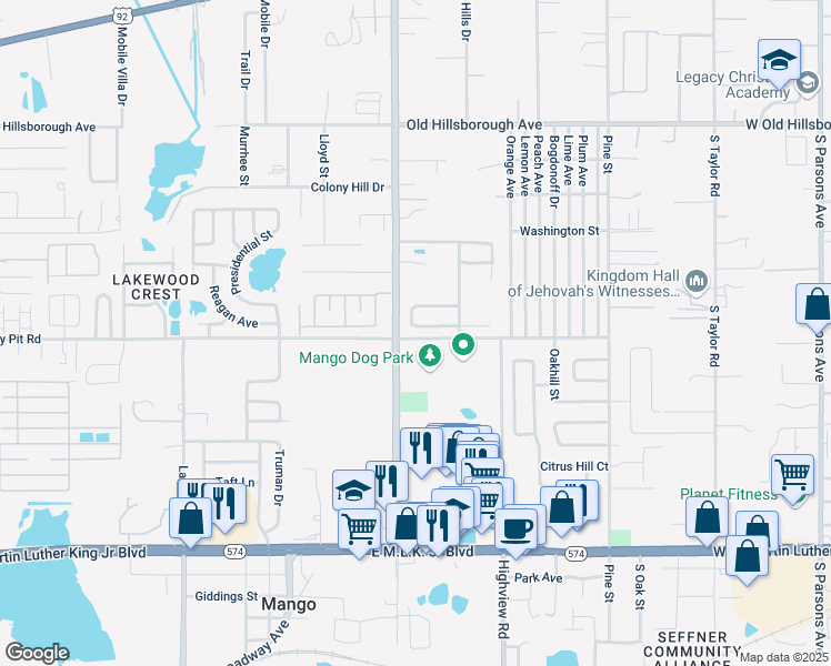 map of restaurants, bars, coffee shops, grocery stores, and more near 11749 Mango Cross Court in Seffner