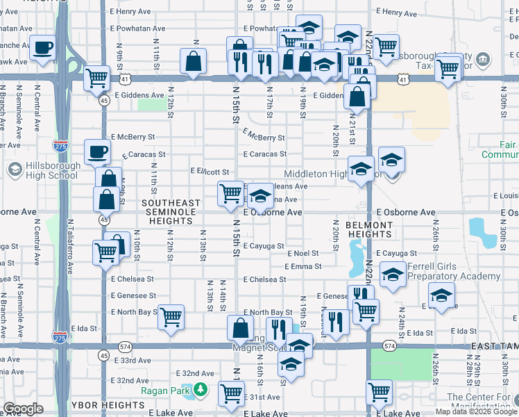 map of restaurants, bars, coffee shops, grocery stores, and more near 1611 East Osborne Avenue in Tampa