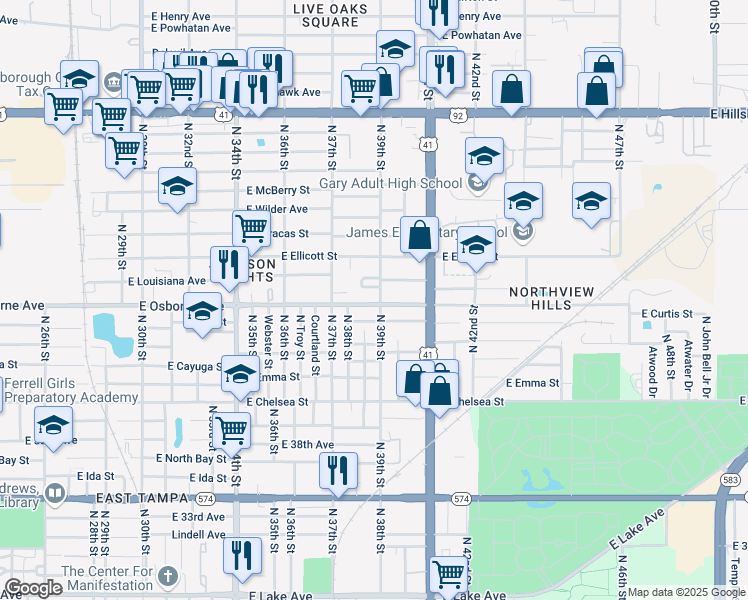 map of restaurants, bars, coffee shops, grocery stores, and more near in Tampa