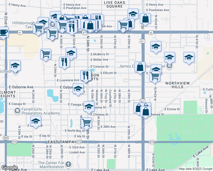 map of restaurants, bars, coffee shops, grocery stores, and more near 4621 Courtland Street in Tampa