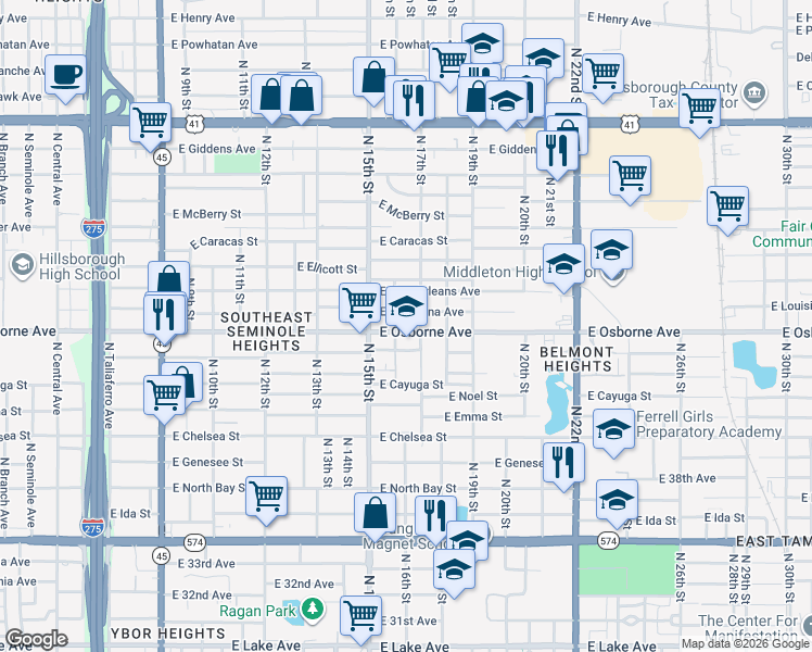 map of restaurants, bars, coffee shops, grocery stores, and more near 1611 East Osborne Avenue in Tampa