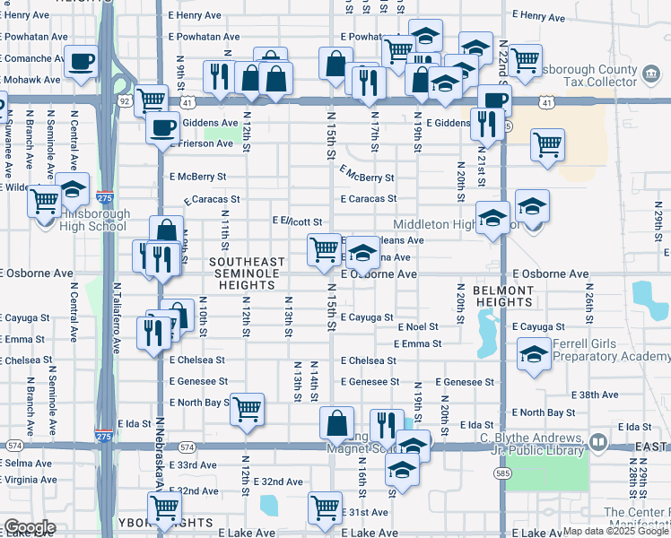 map of restaurants, bars, coffee shops, grocery stores, and more near 1345 East Osborne Avenue in Tampa