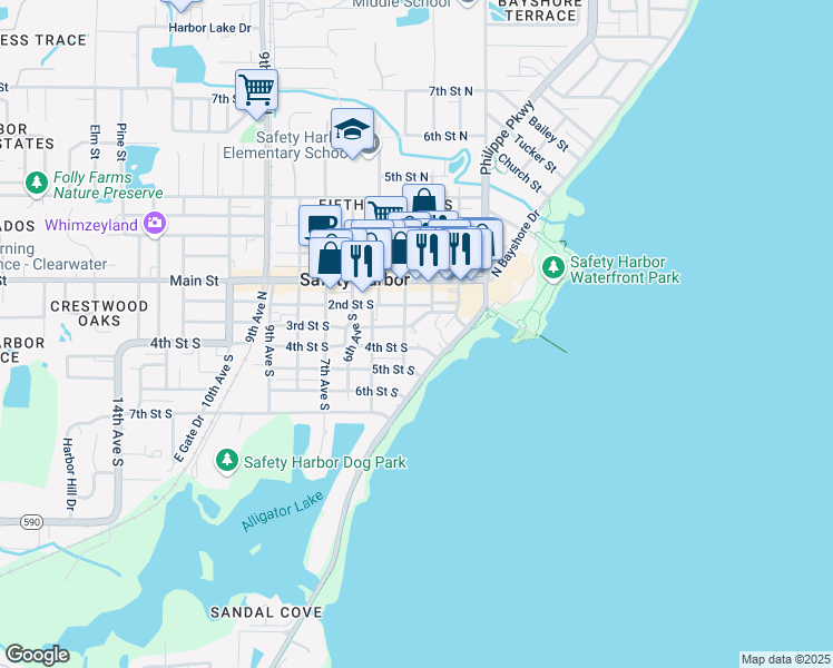 map of restaurants, bars, coffee shops, grocery stores, and more near 337 South Bayshore Boulevard in Safety Harbor