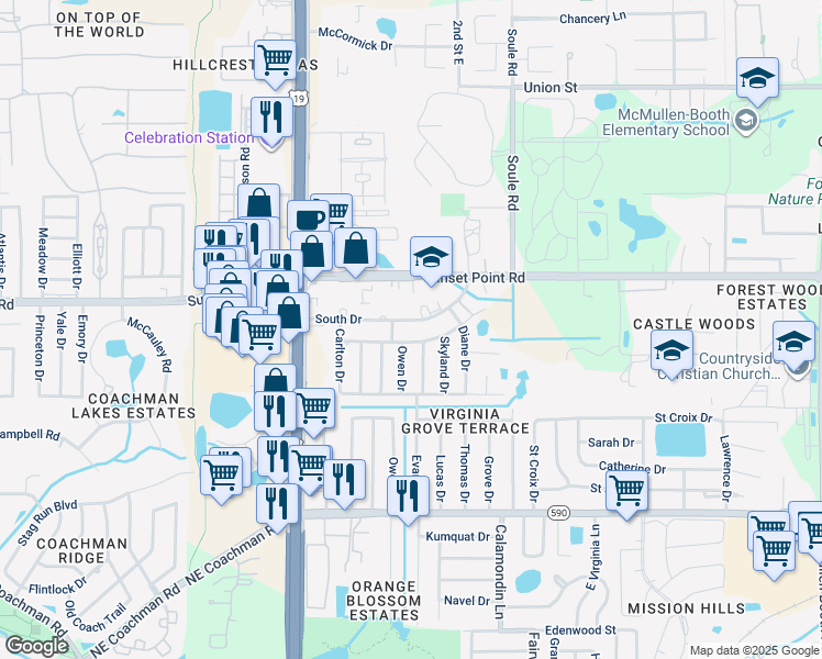 map of restaurants, bars, coffee shops, grocery stores, and more near 2715 Woodring Drive in Clearwater