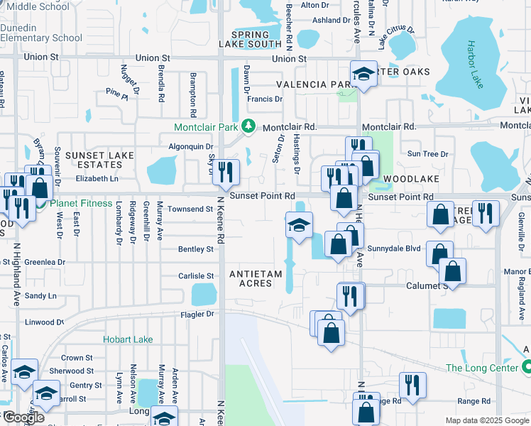 map of restaurants, bars, coffee shops, grocery stores, and more near 1861 North Keene Road in Clearwater