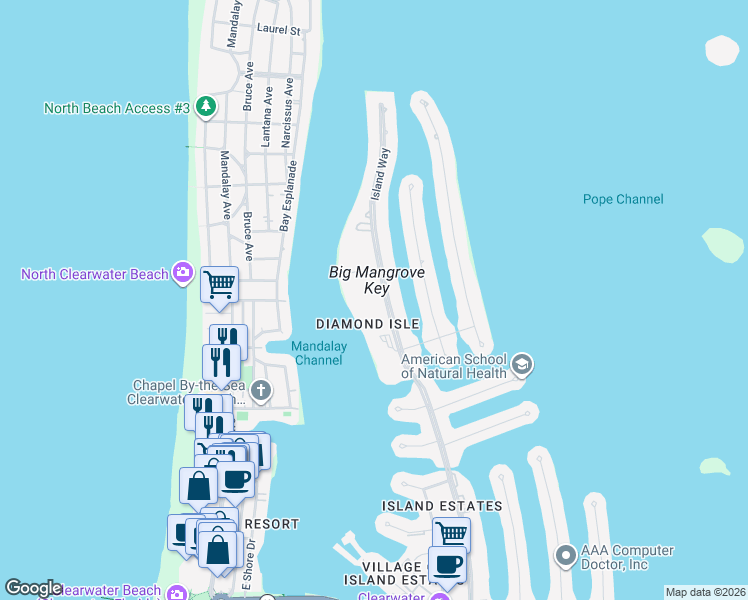 map of restaurants, bars, coffee shops, grocery stores, and more near 660 Island Way in Clearwater