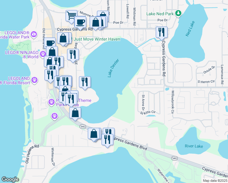 map of restaurants, bars, coffee shops, grocery stores, and more near in Cypress Gardens