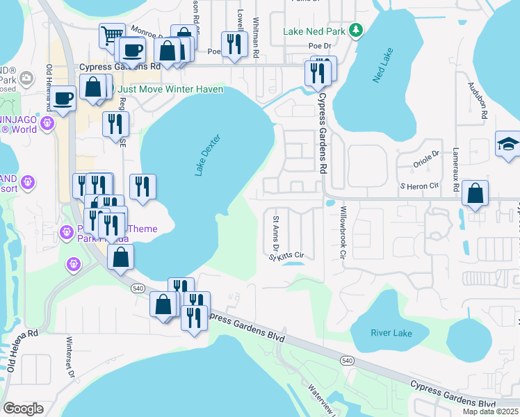 map of restaurants, bars, coffee shops, grocery stores, and more near 43 Saint Kitts Circle in Winter Haven