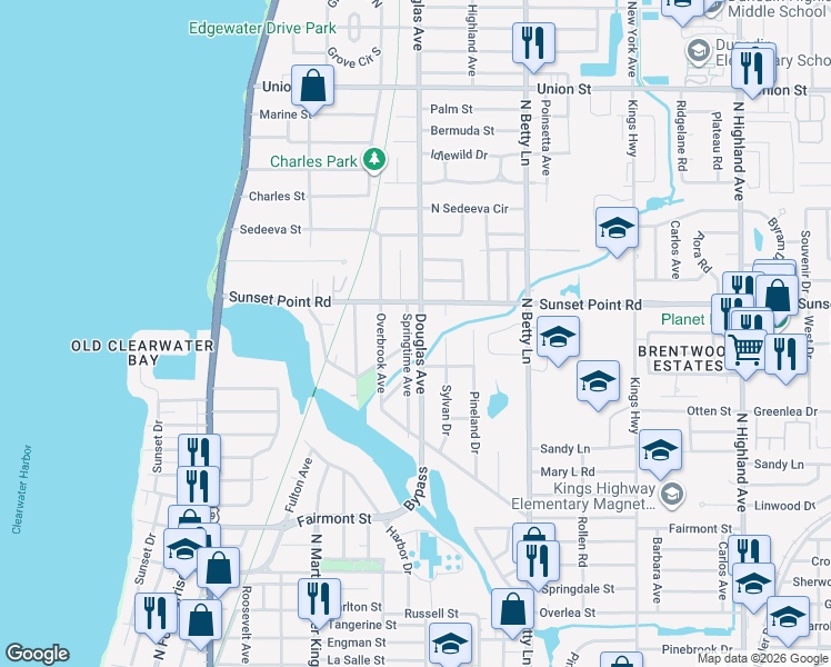 map of restaurants, bars, coffee shops, grocery stores, and more near 1858 Douglas Avenue in Clearwater
