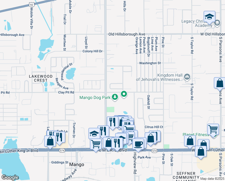 map of restaurants, bars, coffee shops, grocery stores, and more near 11753 Mango Cross Court in Seffner