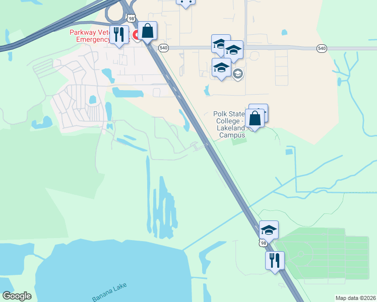 map of restaurants, bars, coffee shops, grocery stores, and more near Autumnwood Grove Boulevard in Lakeland