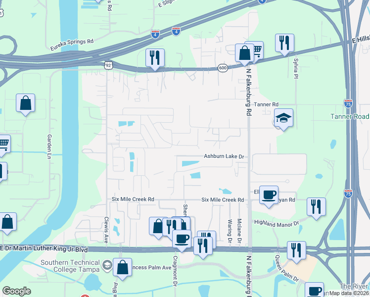 map of restaurants, bars, coffee shops, grocery stores, and more near 9824 Ashburn Lake Drive in Tampa