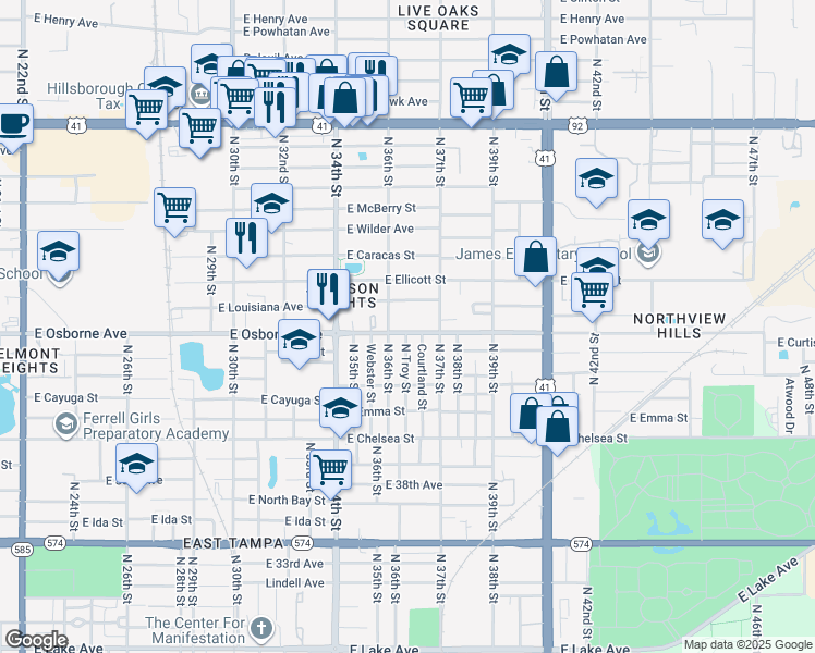 map of restaurants, bars, coffee shops, grocery stores, and more near 4621 Courtland Street in Tampa