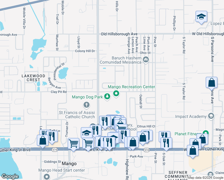 map of restaurants, bars, coffee shops, grocery stores, and more near 11769 Mango Cross Court in Seffner