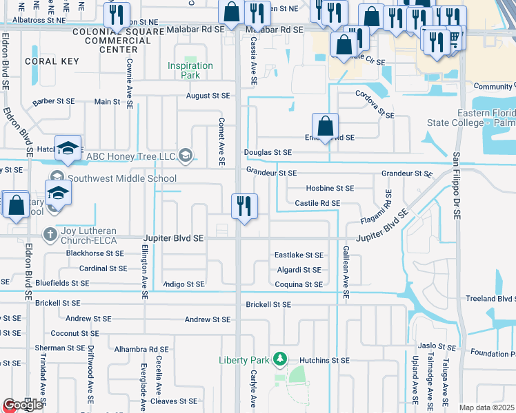 map of restaurants, bars, coffee shops, grocery stores, and more near 481 Havana Avenue Southeast in Palm Bay